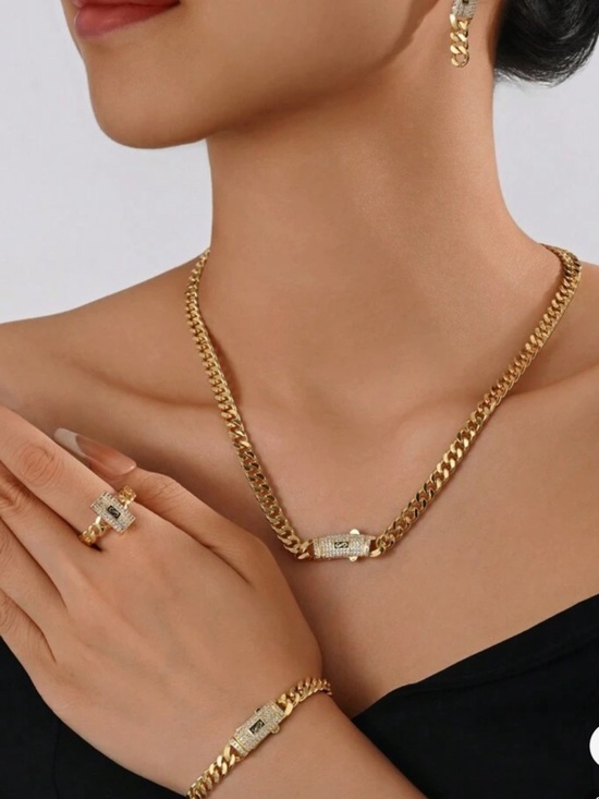 Jewelry - Gold-stainless steel Tone Cuban Link Necklace, Bracelet and Earring Set